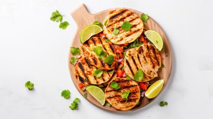 Health conscious presentation of gluten free tortillas with grilled chicken avocado salsa limes served on a light grey marble table top Focus on health dietary restrictions and weight managemen - obrazy, fototapety, plakaty