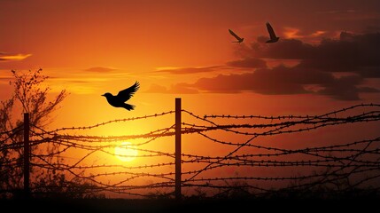 International day honoring the end of the slave trade Bird silhouette against autumn sunset with barbed wire - obrazy, fototapety, plakaty