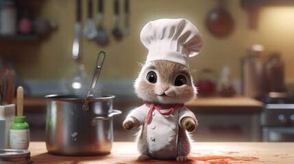 Very cute cartoon baby animal, wearing as a chef, cooking in the kitchen.