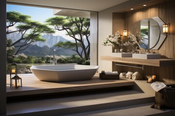 bathroom with tree view