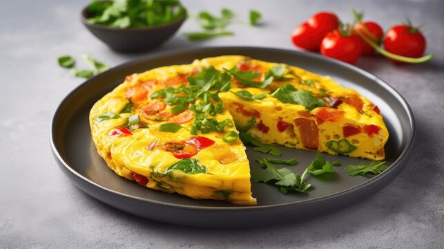 Healthy homemade food Vegan chickpea omelet with bell peppers tomatoes cucumbers lettuce and parsley on a light gray textured background