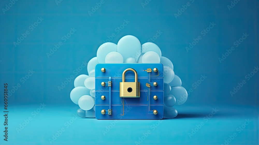Poster Fraud protection and data privacy with a secure password field and cloud storage represented by a cartoon design icon