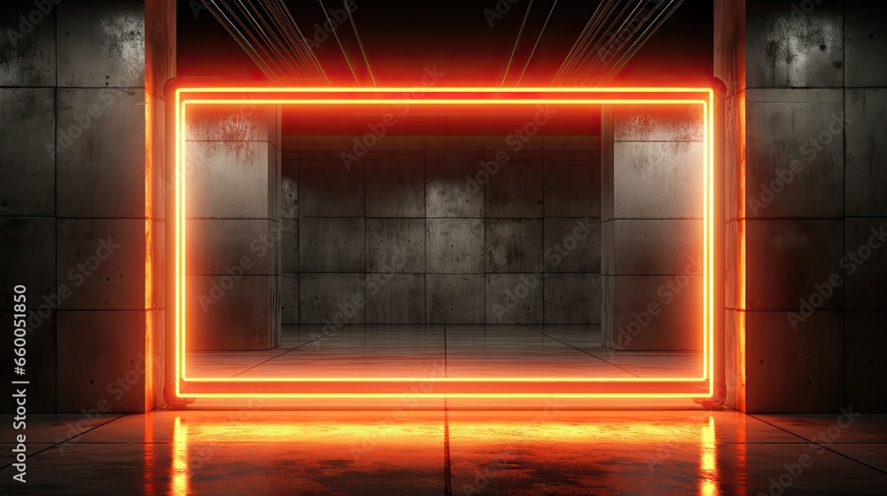 Poster empty 3d rendering of a futuristic retro light frame in a grungy concrete tunnel dance room