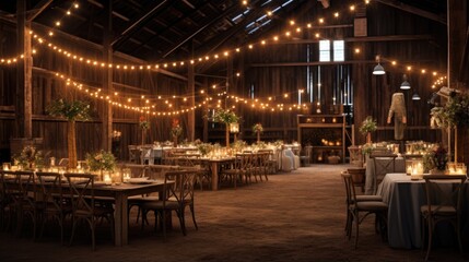 Fototapeta na wymiar Indoor rustic wedding with charming string lighting in an elegant barn to celebrate love and marriage