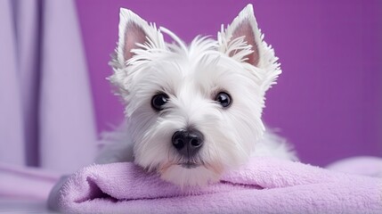 Freshly bathed West Highland White Terrier dog on purple background wrapped in violet towel Grooming concept Copy Space Place for text - Powered by Adobe