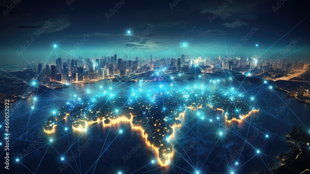 Aufkleber Global communication technology with interconnected internet network worldwide telecommunication and data transfer linking internationally IoT finance business blockchain security