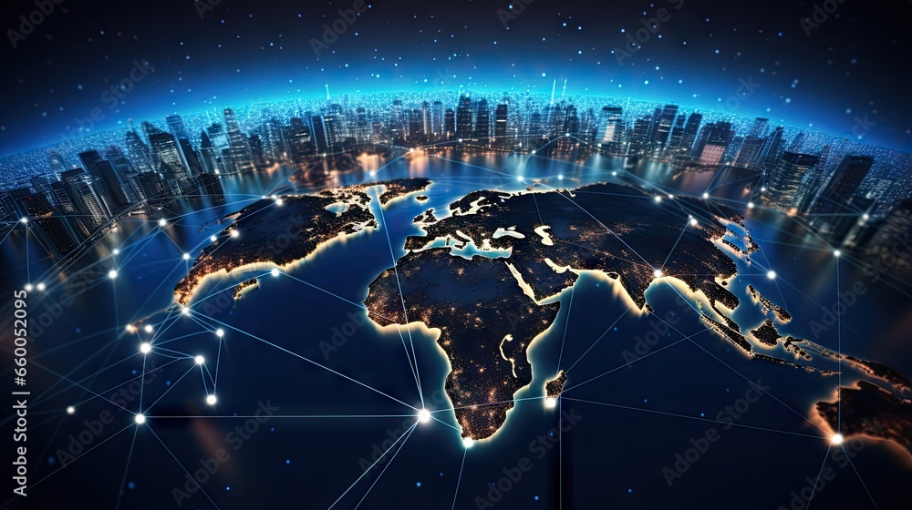 Aufkleber Global communication technology with interconnected internet network worldwide telecommunication and data transfer linking internationally IoT finance business blockchain security