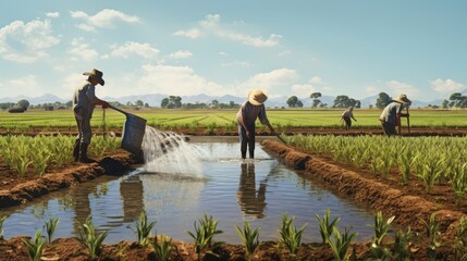 Farmers using water to irrigate the field - obrazy, fototapety, plakaty