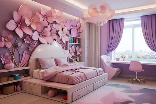 Children's room design for a girl, bedroom interior in pink modern style with large 3D flowers on the wall, window, books on the shelf, cozy atmosphere