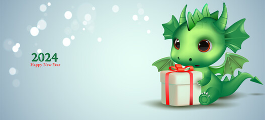 Cute green dragon with a gift. 2024 symbol