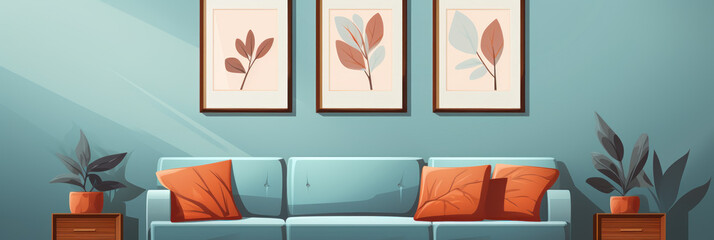 A modern sofa with pillows stands near the wall, there are paintings on the wall, light and shadow from the window, illustration banner