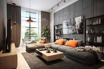 Beautiful modern living room with a comfortable sofa in traditional luxury style with carpet on hardwood floors. A fashionable combination of dark gray in the interior and bright orange details.