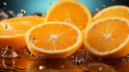 Appetizing cut orange fruits with drops of juice