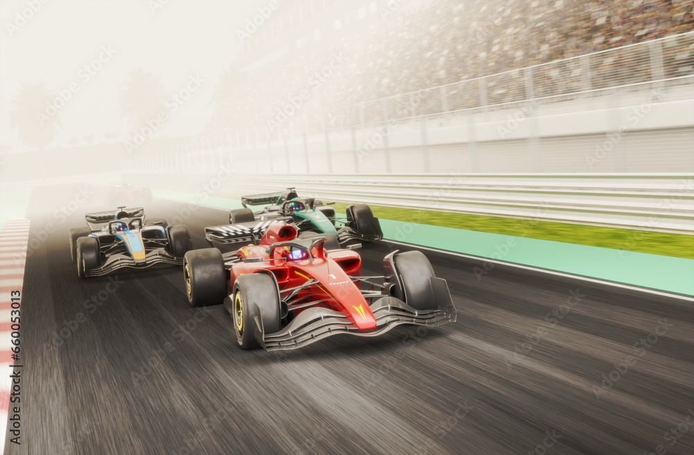 Wall mural race cars on track without any branding - 3d rendering