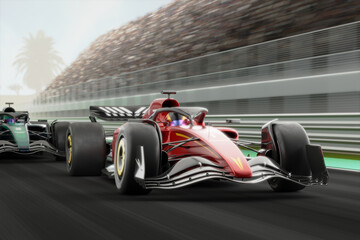 Race cars on track without any branding - 3D rendering - obrazy, fototapety, plakaty