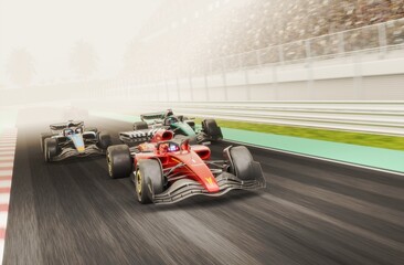 Race cars on track without any branding - 3D rendering