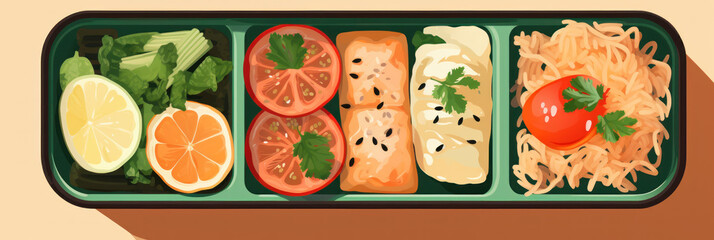 Illustration of an open lunchbox with homemade food prepared in advance, homemade healthy tasty and fresh lunch at school or work, banner