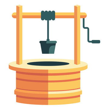 Water well with a round opening at the top flat style vector illustration, old style water well with a rope and bucket and lever stock vector image