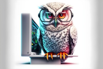 owl mad scientist white wearing lab coat sitting at sci fi computer desk full body isolated on white background digital art 