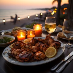 Tandoori chicken  against the background of the beautiful Indian coast at sunset on the restaurant terrace