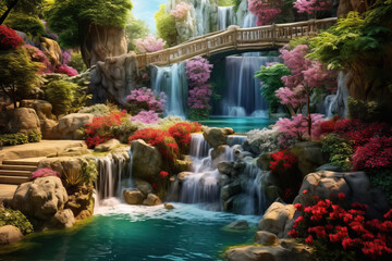 Paradise with Waterfalls and Flowers