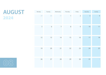 Calendar template for the August 2024, the week starts on Monday. The calendar is in a blue color scheme.