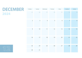 Calendar template for the December 2024, the week starts on Monday. The calendar is in a blue color scheme.