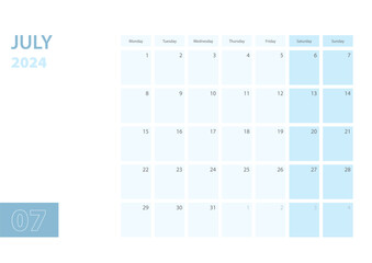 Calendar template for the July 2024, the week starts on Monday. The calendar is in a blue color scheme.