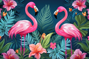 Pink Flamingos and Tropical Plants Illustration