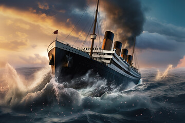 Titanic Ship Traveling in Rough Ocean - obrazy, fototapety, plakaty