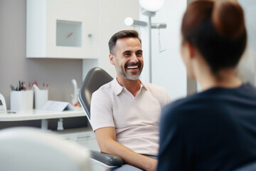 Naklejka na ściany i meble Smiling young european man with a mustache at a doctor's consultation in a hospital in support of men's health and movember global community