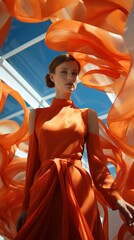 fashion portrait of a stylish model in orange colors on a bright background. Style and fashion...