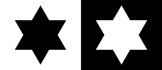 Star of David with six corners. Art design star as logo or icon. A black figure on a white background and an equally white figure on the black side.