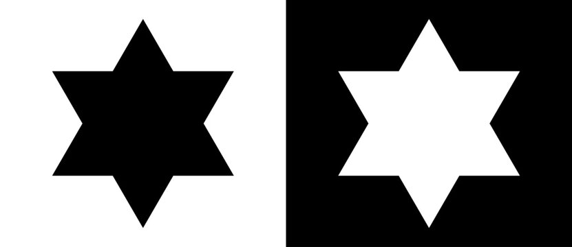 Star of David with six corners. Art design star as logo or icon. A black figure on a white background and an equally white figure on the black side.