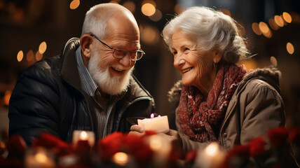 Discover the heartwarming joy of an elderly couple celebrating their retirement at home. This touching image captures their radiant smiles amidst a sea of gift boxes, balloons, and festive ribbons - obrazy, fototapety, plakaty