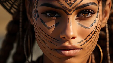 A tribal-inspired look on a model's face using earthy brown and beige powder makeup