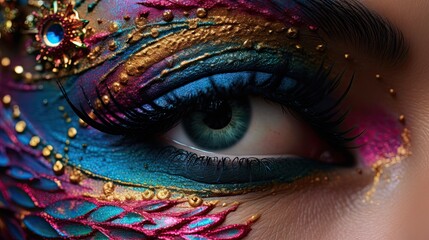 Close-up of a model's eyelids with intricate designs using multicolored powder makeup