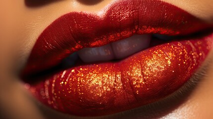 Close-up of a model's lips with ombre effect using powder makeup, transitioning from deep red to gold
