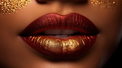 Close-up of a model's lips with ombre effect using powder makeup, transitioning from deep red to gold