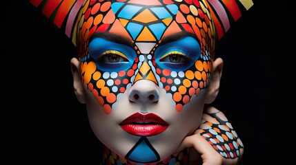 High-fashion look with a model's face adorned in geometric patterns using multicolored powder makeup