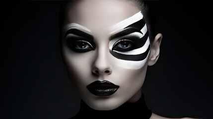 Model with a dramatic look using black and white powder makeup, emphasizing contrast