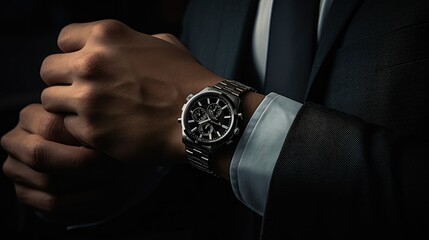 Suit Man Wearing a Luxury Watch Dark Photography - obrazy, fototapety, plakaty