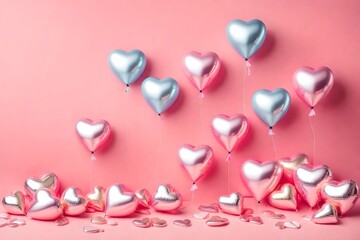 Air Balloons of heart shaped foil on pastel pink background. Love concept. Holiday celebration. Valentine's Day or wedding/bachelorette party decoration.