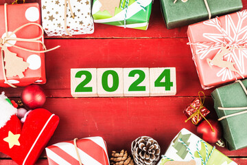 Happy New Year 2024, Christmas 2024, Christmas gifts placed in a festive atmosphere 