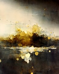 Golden abstract horizon Grungy white organic texture watercolor wet edges loose painting style grunge dust particles paint splashes 2k 