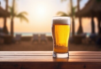 an beer glass sitting on a wooden table on the beach generative AI