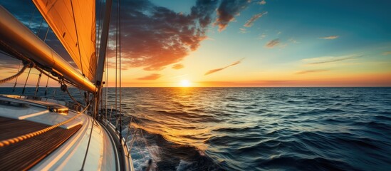 Yacht sailing at sunset with nose in the sea With copyspace for text
