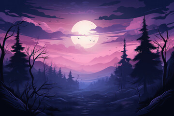 Mystical mysterious fog in the forest and mountains at sunset, illustration