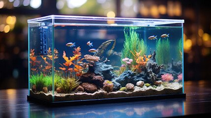 Magic world with different beautiful fish in an aquarium, close-up aquarium in a home environment