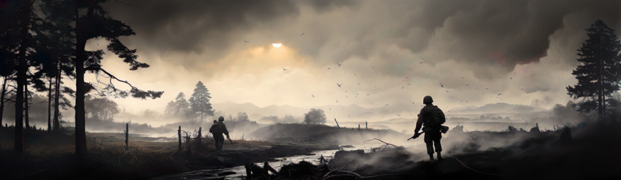 Silhouettes Of Soldiers In A Foggy Landscape. Illustration On The Theme Of Weapons And Wars, Conflicts And Cinema. Generative AI